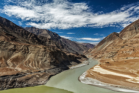 喜马拉雅山上河赞斯卡河的汇合点河流域,拉达克,河赞斯卡河的汇合点图片