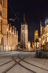 根特辛特巴夫斯卡尔的钟楼辛特米歇尔林街根特,比利时晚上的根特钟楼图片