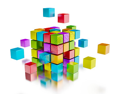 业务队队协作彩色立方体装成立方结构隔离白色与反射企业队合作互联网通信理念图片