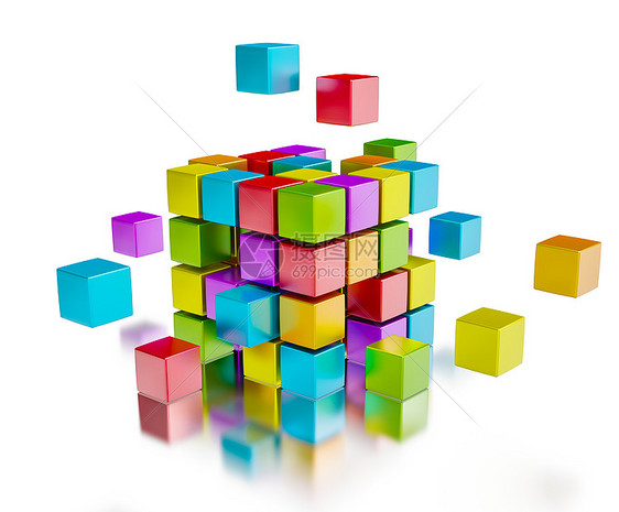 业务队队协作彩色立方体装成立方结构隔离白色与反射企业队合作互联网通信理念图片