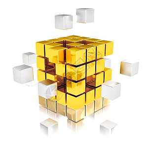 队合作金属立方体装成金色的队合作的抽象背景图片