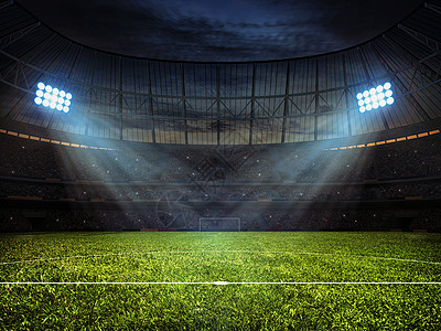 体育背景足球足底体育场与泛光灯草地足球场标记,足球球门网泛光灯的足球体育场背景图片