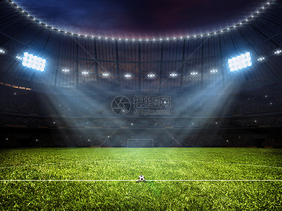 体育背景足球足底体育场与泛光灯草地足球场标记,足球球门网泛光灯的足球体育场图片