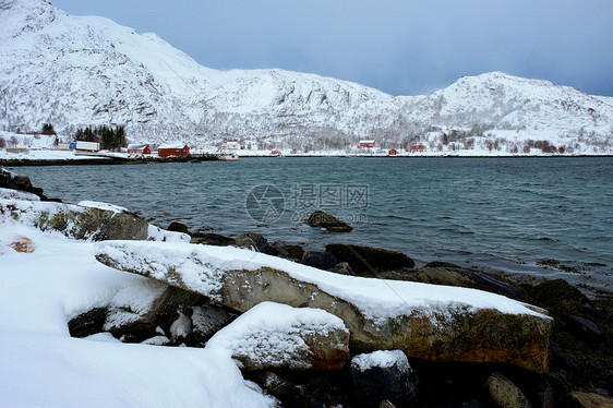 传统的红色Rorbu房子峡湾岸边冬天的雪挪威洛福腾群岛冬天挪威的红色Rorbu房子图片