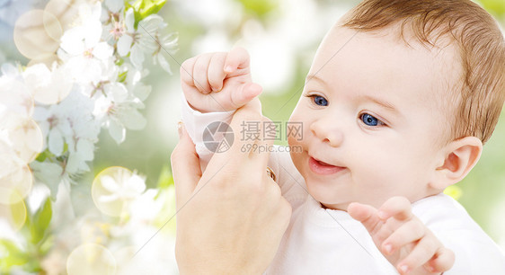 家庭,童人的亲密的甜蜜小女婴与母亲交接樱花背景用妈妈的手把可爱的小宝宝关来图片