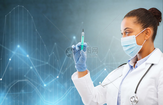 医疗保健医学非洲女医生外科口罩与注射器蓝色背景图表全息图带注射器的非洲女医生图片
