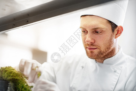 烹饪,职业人的快乐的男厨师与绿色烹饪餐厅厨房食物快乐的男厨师餐厅厨房饭图片