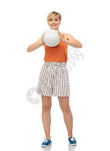 运动,休闲人的微笑的十几岁女孩白色背景下打排球微笑的少女打排球图片