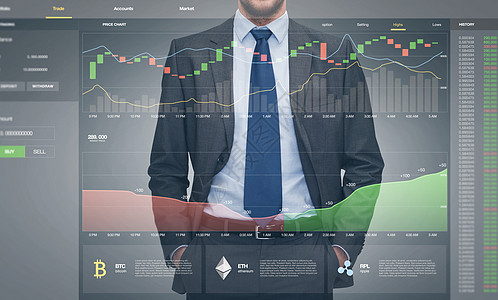 加密货币,商业技术虚拟屏幕上的商人工作图表虚拟屏幕上加密货币的商人图片