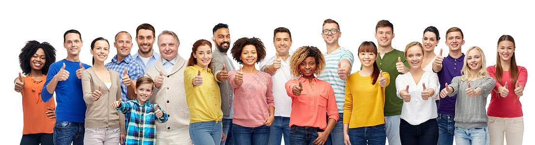 人,多样国际群男人,女人孩子白色背景下竖大拇指群微笑的人竖大拇指图片