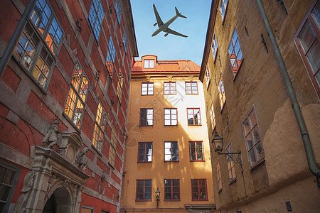 飞机飞越斯德哥尔摩上空的城市房屋瑞典图片
