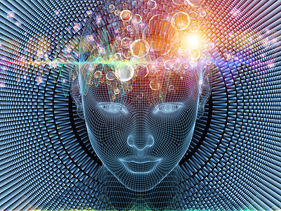 辐射思维系列人头线网模型分形图案的三维渲染人类心灵人工智能虚拟现实的隐喻图片