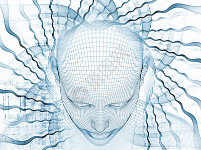 三维渲染心场系列丝网人模型头部的抽象成人工智能科学技术项目的分形模式图片