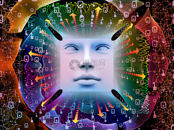 人工智能系列由人的脸计算机元素的三维插图成,超级人类人工智能计算机意识技术为图片