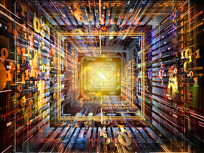 数字隧道系列计算机数学科学教育学科的CPU芯片成彩色数字分形元素图片