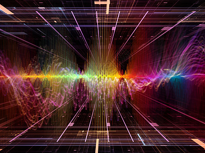 波函数序列由彩色正弦振动光分形元素成,以声音均衡器音乐谱量子概率为图片