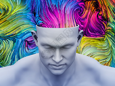 色彩思维人类头部的三维插图与彩色运动轨迹的艺术,心理学,创造力,想象力梦想图片
