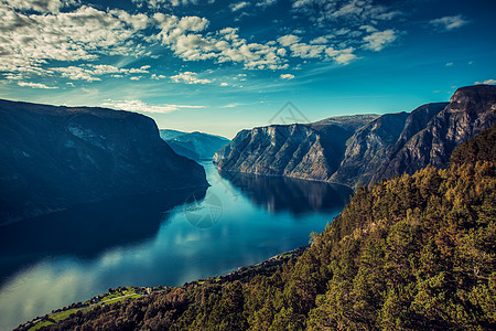 挪威峡湾景观日落比电影风格的颜色图片