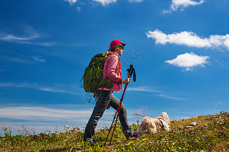 轻的女游客带着狗蓝天背景的山上旅行图片