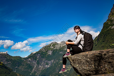 吉兰格峡湾,美丽的自然挪威全景它个15公里93英里长的,离太阳森林约登,这个离斯托夫约登伟大的峡湾图片