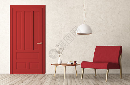 现代客厅与红色的门,扶手椅3D渲染高清图片