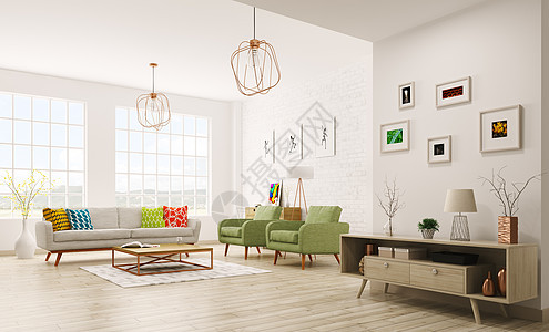 现代室内客厅与沙发,扶手椅,斯堪的纳维亚风格的三维渲染图片