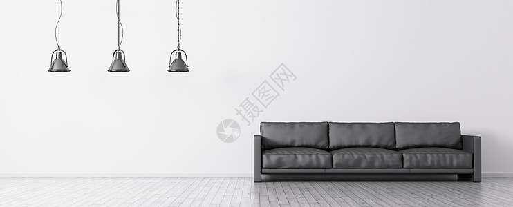 现代室内客厅与黑色沙发灯白墙全景三维渲染图片