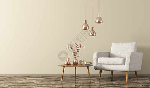 现代客厅内部与木制茶几,白色扶手椅铜灯三维渲染图片