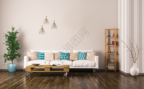 现代室内客厅白色沙发,托盘桌,植物货架三维渲染图片