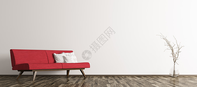 现代室内客厅与红色沙发花瓶与全景三维渲染图片