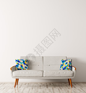 现代室内客厅与白色沙发蓝色靠垫3D渲染图片