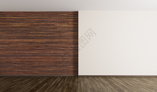 空的内部背景,房间与棕色木板墙硬木地板三维渲染图片