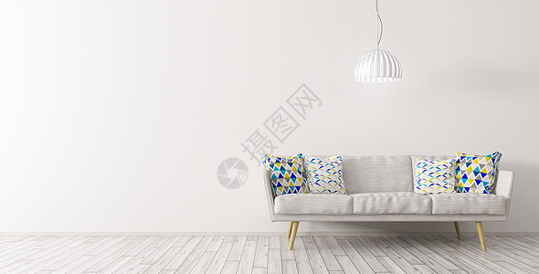 现代室内的客厅与白色沙发天花板灯白墙木地板全景三维渲染背景图片