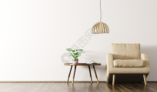 现代斯堪的纳维亚客厅内部与米黄色扶手椅,灯咖啡桌白色墙壁上的木地板3D渲染背景图片