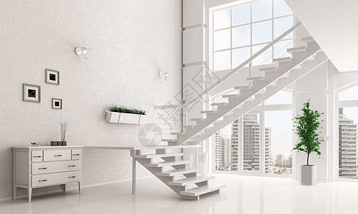 现代白色大厅与楼梯内部三维渲染图片