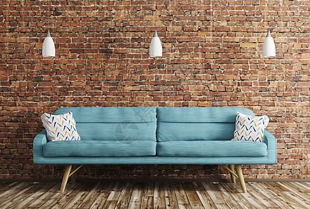 现代室内客厅与蓝色沙发灯砖墙三维渲染图片