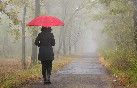 沮丧的女人带着红色的伞雾蒙蒙的森林图片