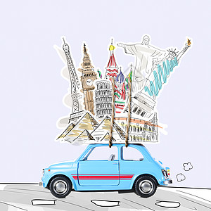 开车旅行世界各地旅行的记忆蓝色复古玩具车,屋顶上著名的纪念碑图片