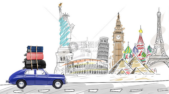 开车旅行世界各地蓝色复古玩具汽车与旅行箱驾驶的著名纪念碑图片