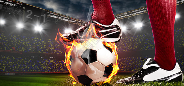 卡通足球上火焰足球足球运动员的腿体育场足球足球运动员的腿背景