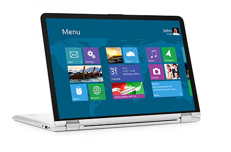 带操作系统的可换笔记本电脑可换笔记本电脑,操作系统接口屏幕上隔离白色背景上图片