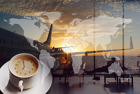 世界各地机场咖啡环游世界城市建筑登机队列双曝光拼贴图片