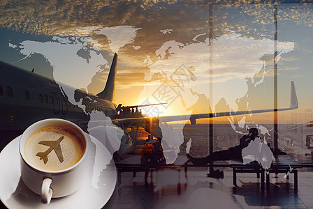 世界各地机场咖啡环游世界城市建筑登机队列双曝光拼贴图片