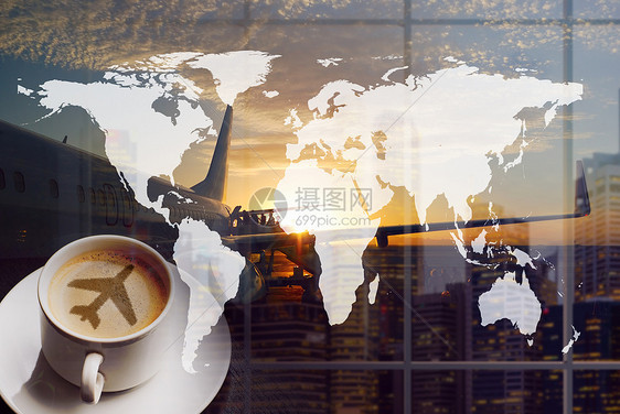 世界各地机场咖啡环游世界城市建筑登机队列双曝光拼贴这幅图像的元素由美国宇航局提供图片