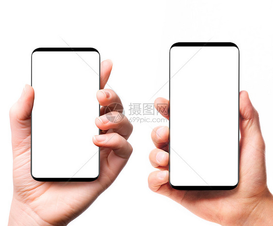 现代无挡板智能手机手无边框智能手机,空白屏幕男女的手隔离白色背景上图片