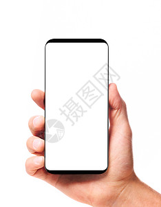 现代无挡板智能手机手现代无边框智能手机与空白屏幕男手隔离白色背景图片