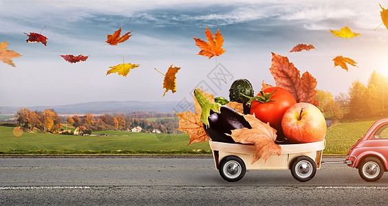 秋天的食物递送秋天的红色玩具车与落叶运送水果蔬菜,落的乡村景观图片