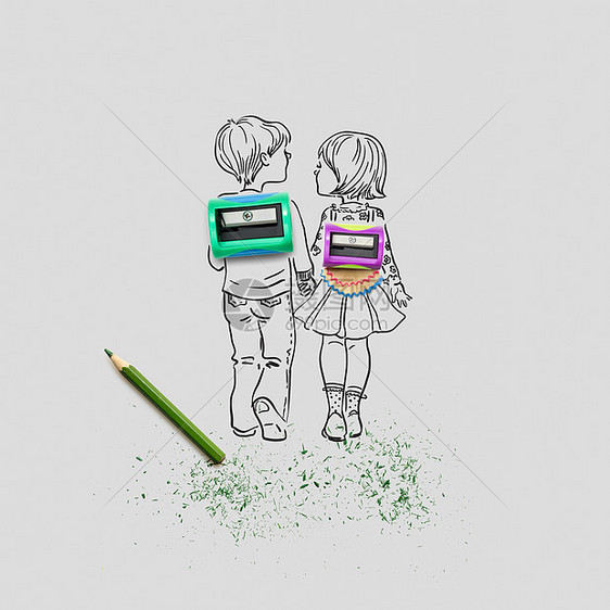 创意照片的两个磨刀支铅笔与插图小学生牵手灰色背景图片
