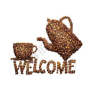 创意静物照片的咖啡杯,锅欢迎标志,由咖啡豆制成的白色图片