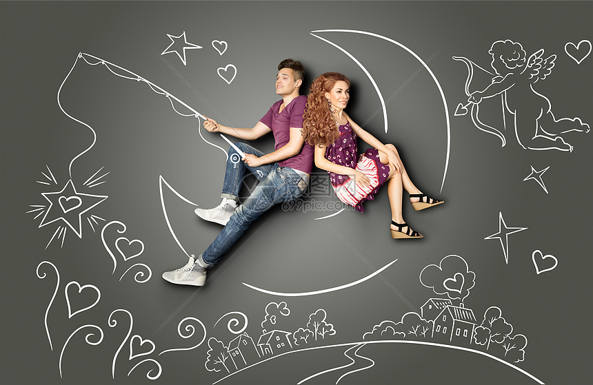 快乐的情人节爱情故事的,浪漫的夫妇钓鱼月亮上,星星钩子上,粉笔画